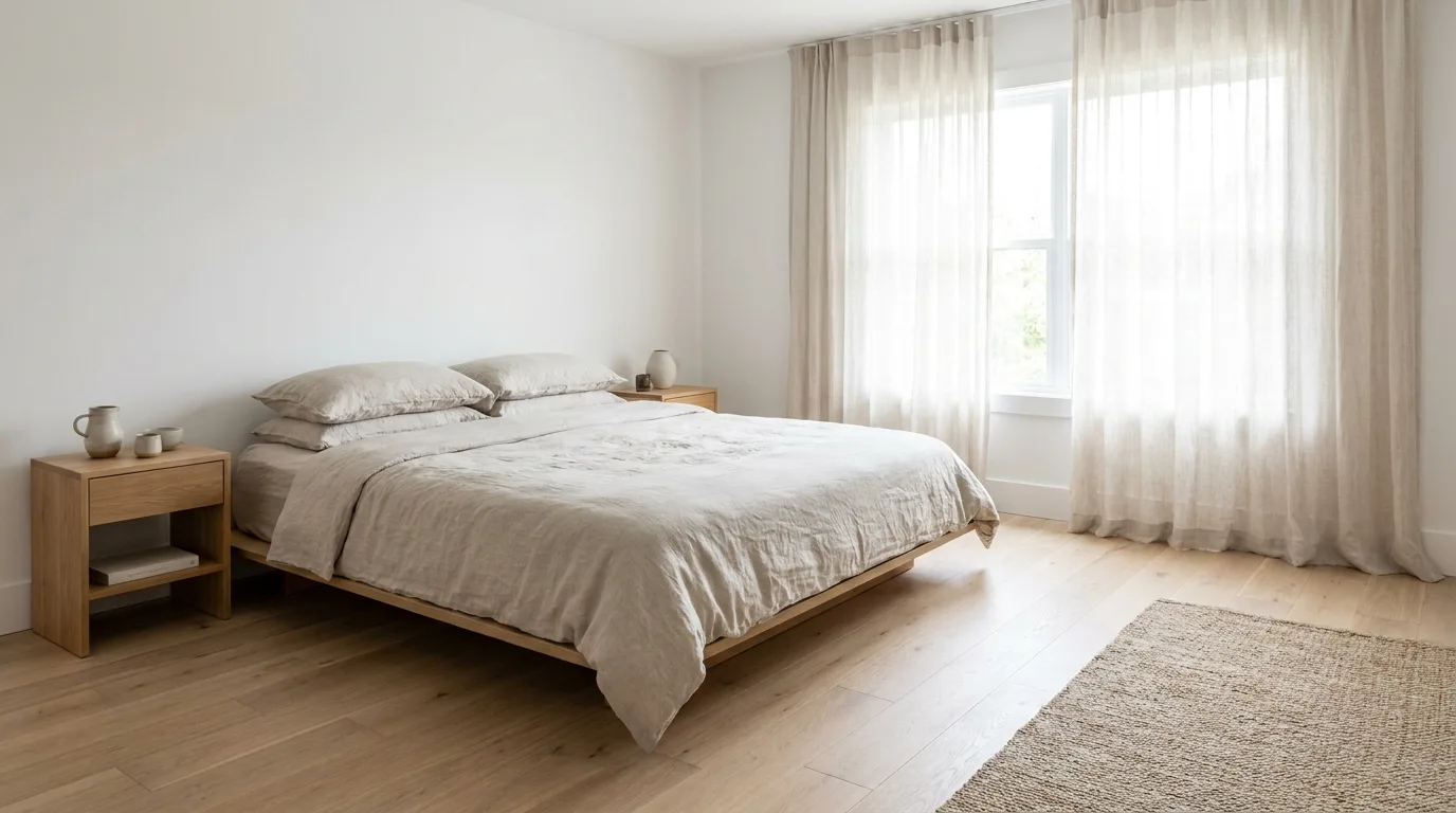 Bright bedroom with pale white-oak flooring and linen bedding