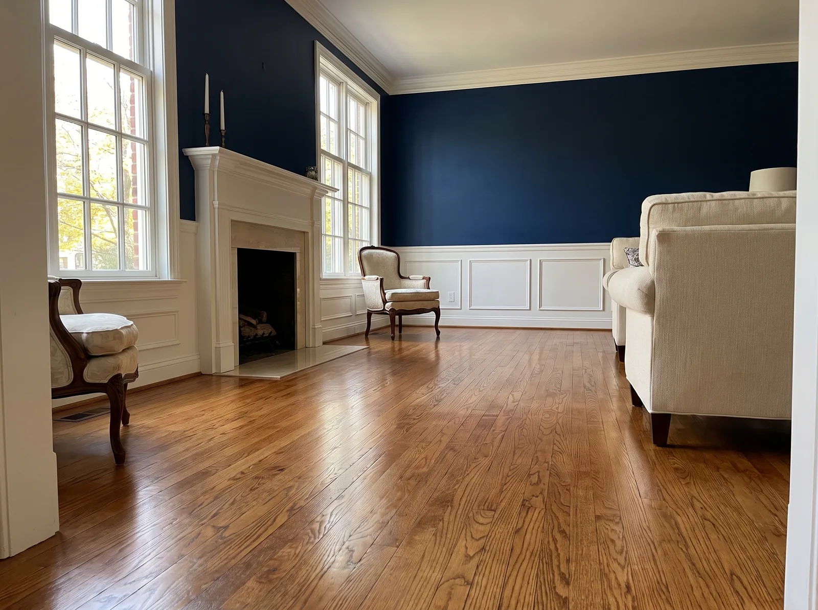 Refinished red oak living-room floor with a warm honey tone and satin sheen
