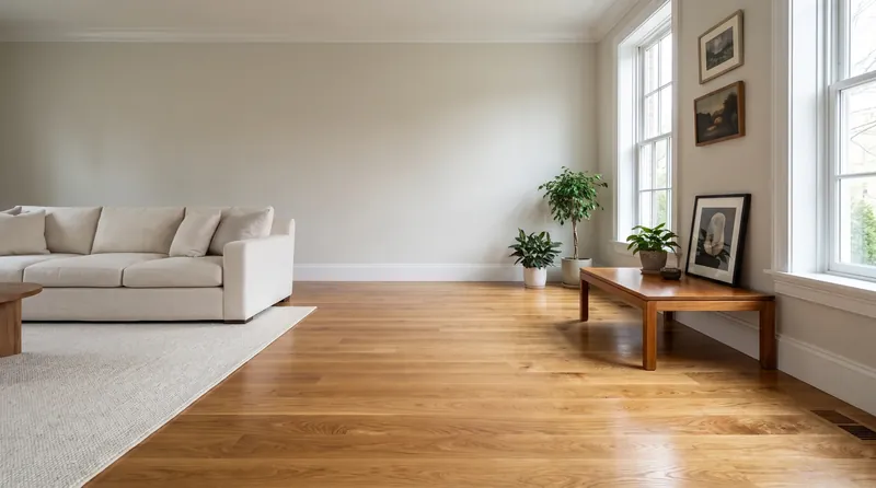 Newly installed oak hardwood floor in a bright, sunlit Lexington living room