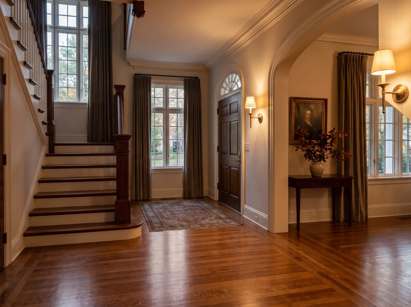 Restored historic entry hall with refinished quarter-sawn oak floors and a herringbone border inlay