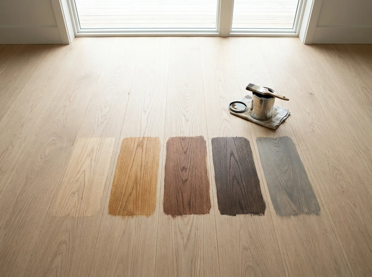 Stain color test swatches brushed onto raw white-oak flooring